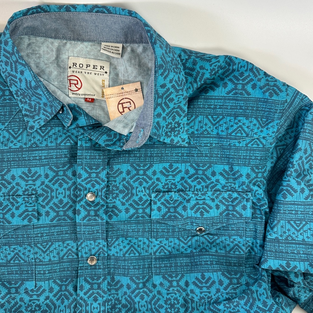 NWT Roper Men's Turquoise Blue Aztec Print Shirt Short Sleeve Medium Pearl Snap‎